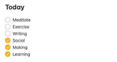 Daily todo list with six items: exercise, socializing, making, learning, meditation and writing